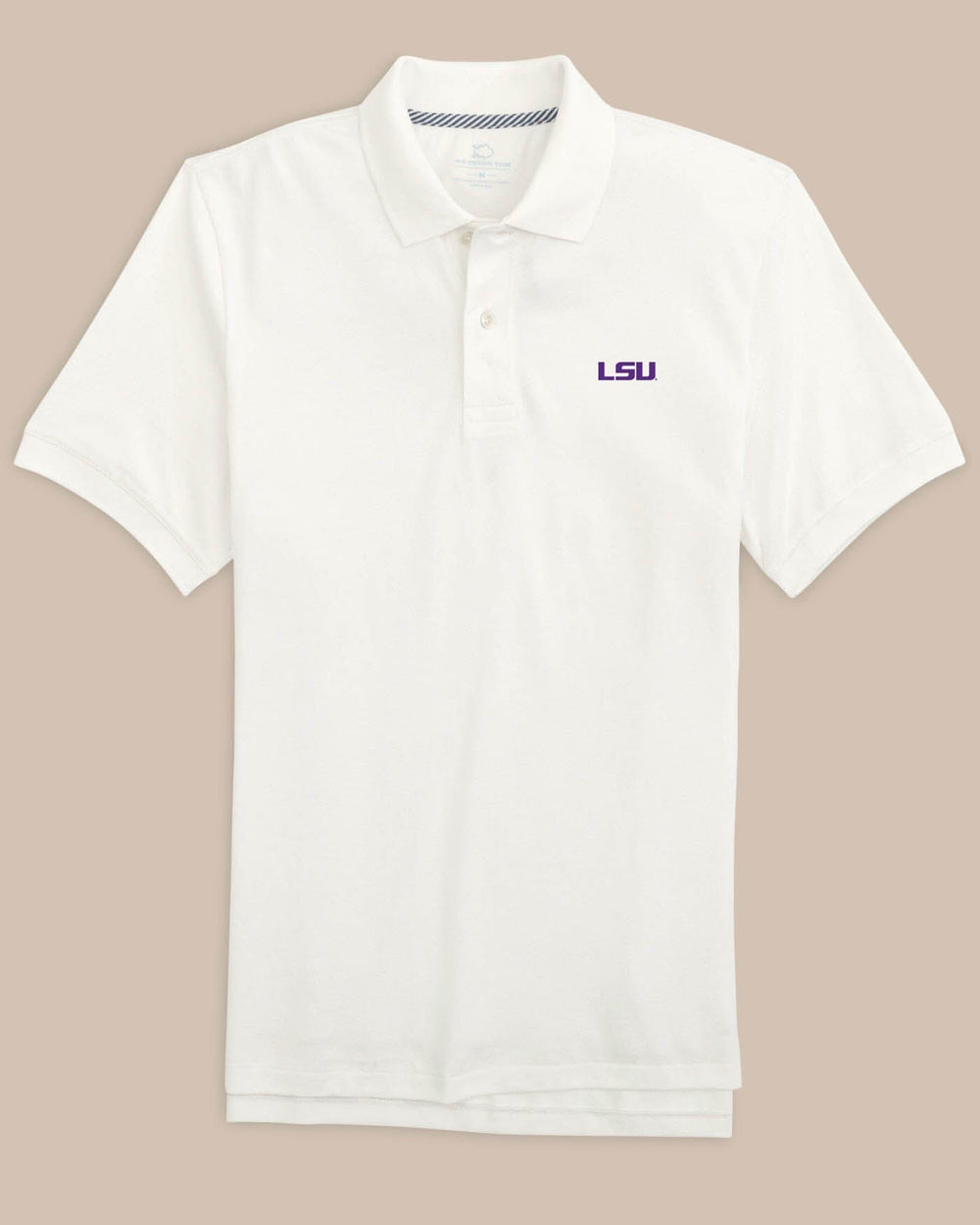 The front view of the LSU Tigers Skipjack Polo by Southern Tide - Classic White