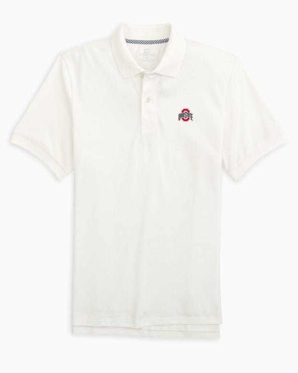The front view of the Ohio State Buckeyes Skipjack Polo by Southern Tide - Classic White