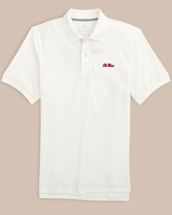 The front view of the Ole Miss New Short Sleeve Skipjack Polo by Southern Tide - Classic White