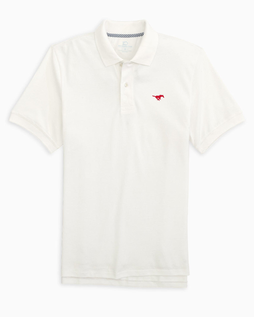 The front view of the SMU Mustangs Skipjack Polo by Southern Tide - Classic White