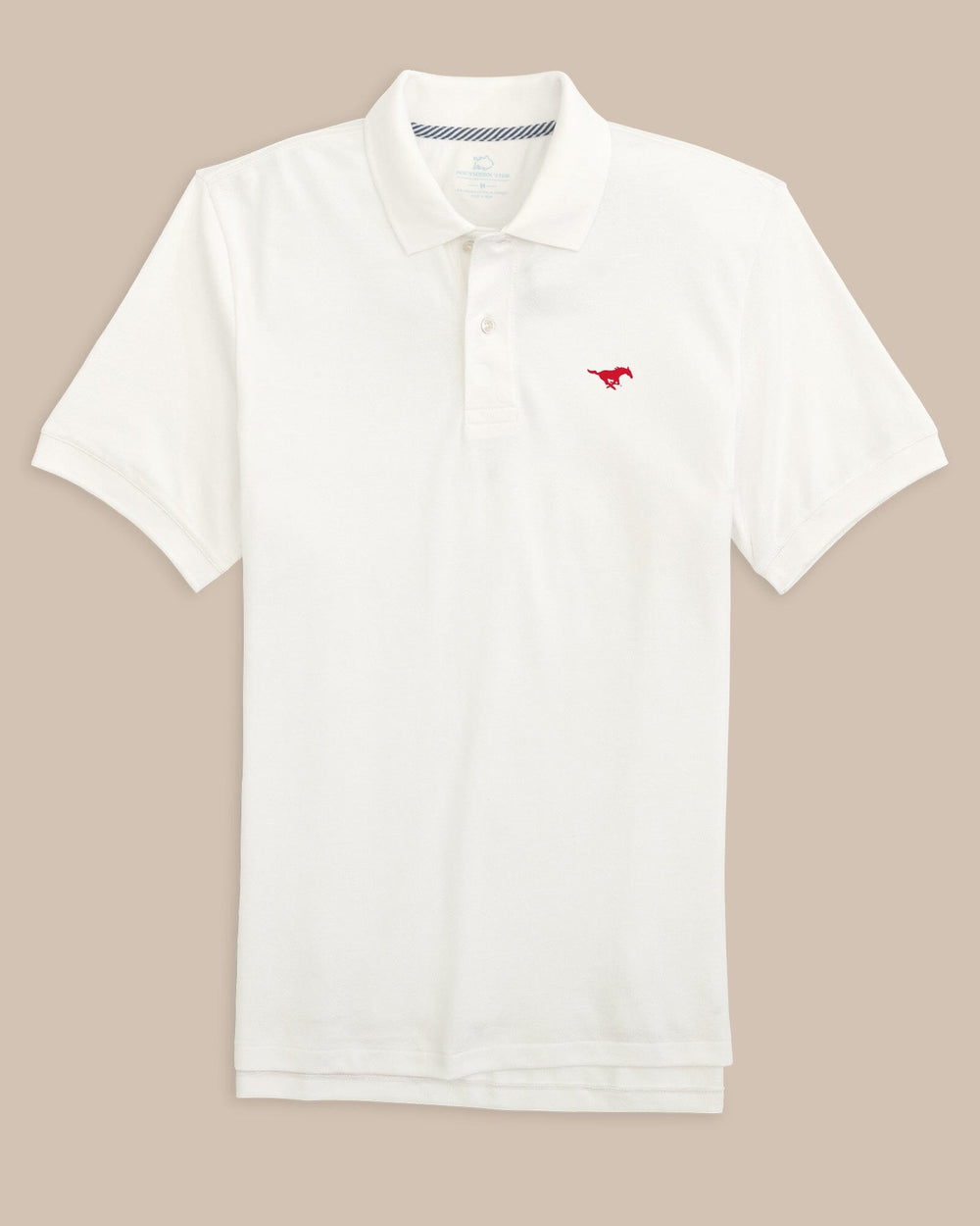 The front view of the SMU Mustangs Skipjack Polo by Southern Tide - Classic White