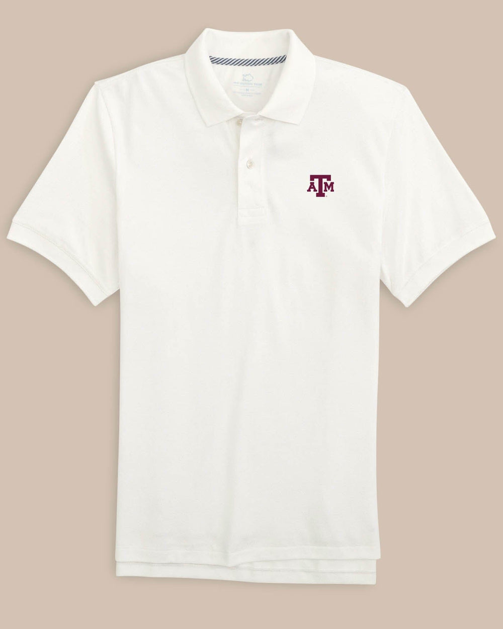 The front view of the Texas A&M Aggies Skipjack Polo by Southern Tide - Classic White