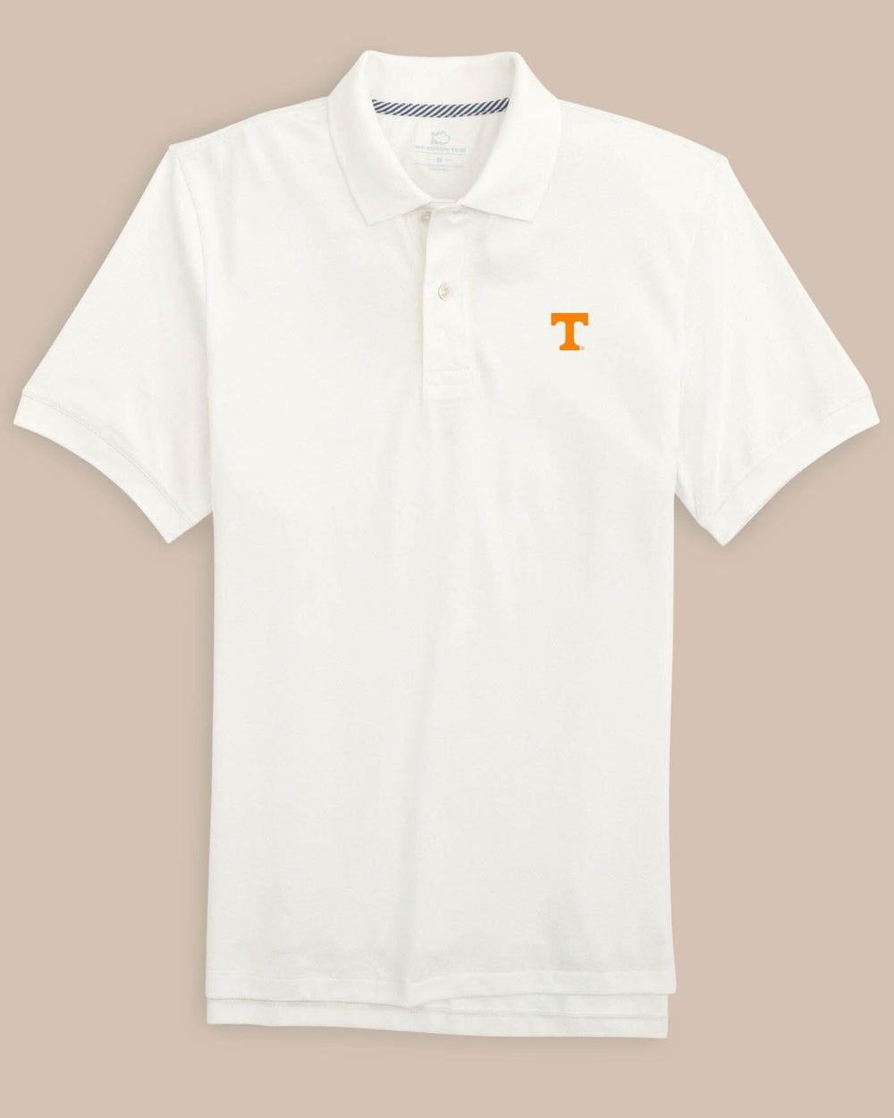 The front view of the Tennessee Volunteers Skipjack Polo by Southern Tide - Classic White