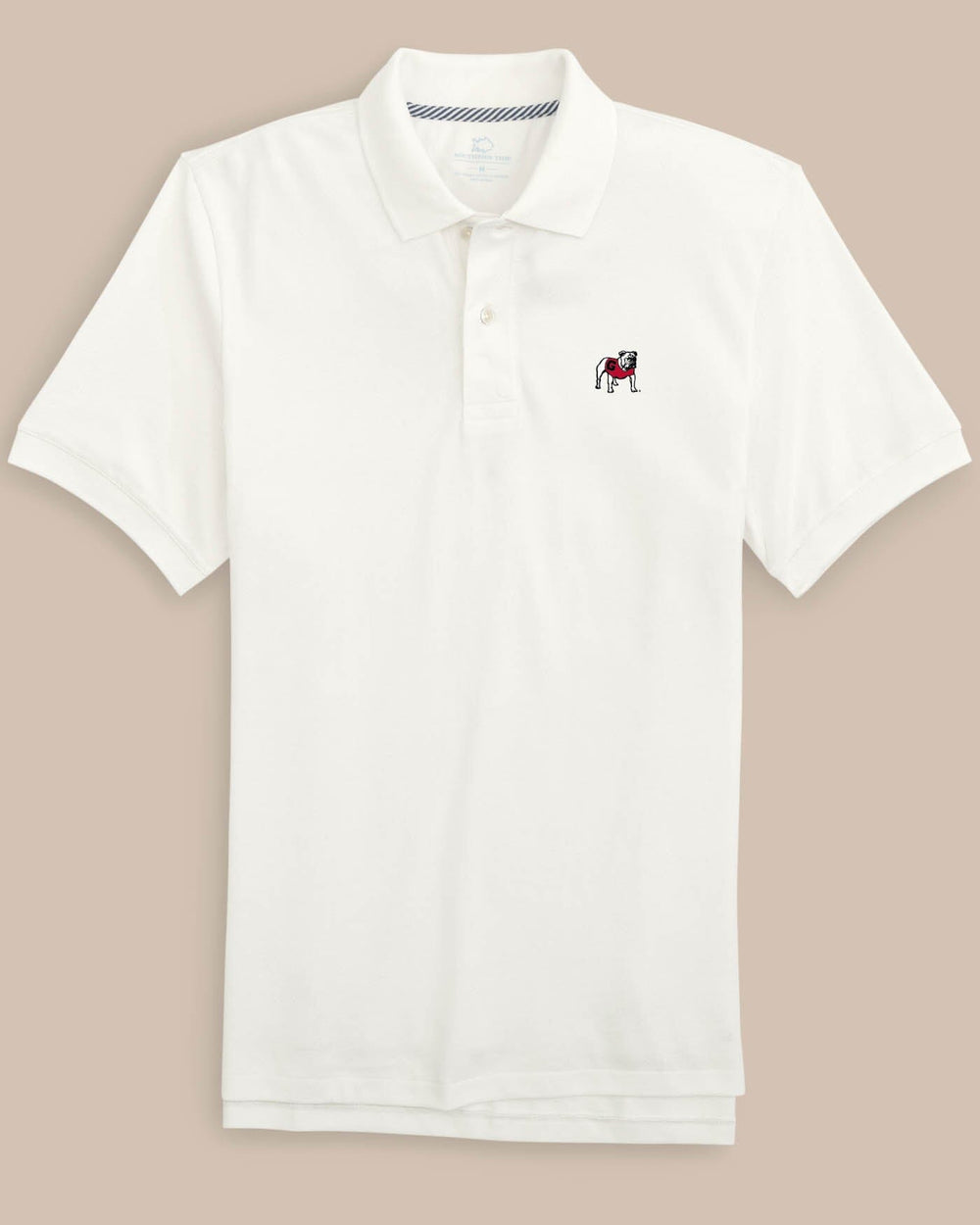 The front view of the Georgia Bulldogs New Short Sleeve Skipjack Polo by Southern Tide - Classic White