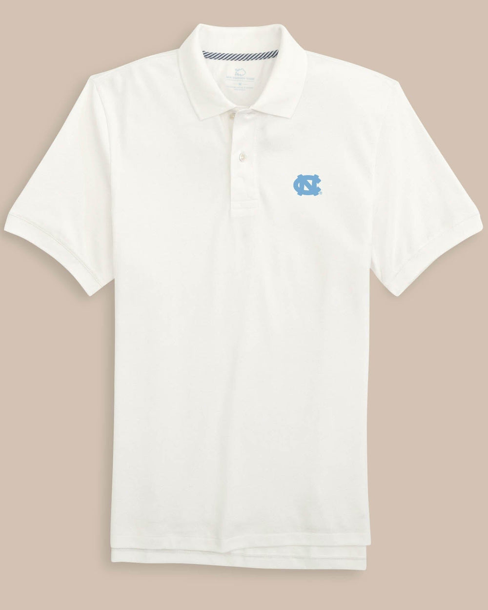 The front view of the UNC Tar Heels New Short Sleeve Skipjack Polo by Southern Tide - Classic White