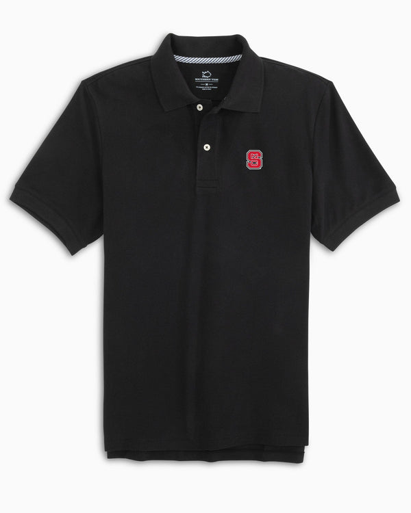 The front view of the NC State Wolfpack New Short Sleeve Skipjack Polo by Southern Tide - Black