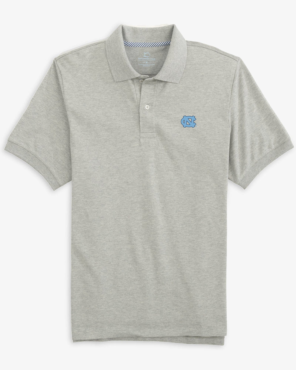The front view of the UNC Tar Heels Men's New Short Sleeve Skipjack Polo by Southern Tide - Heather Grey