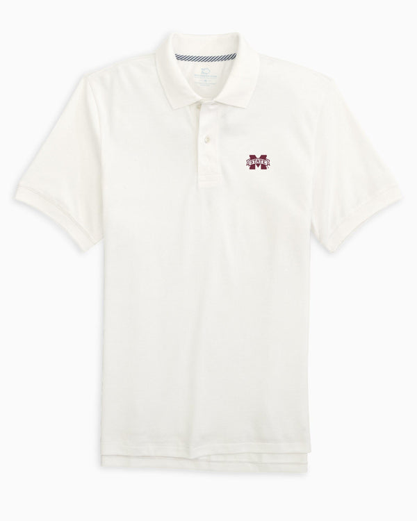 The front view of the Mississippi State Bulldogs Skipjack Polo by Southern Tide - Classic White