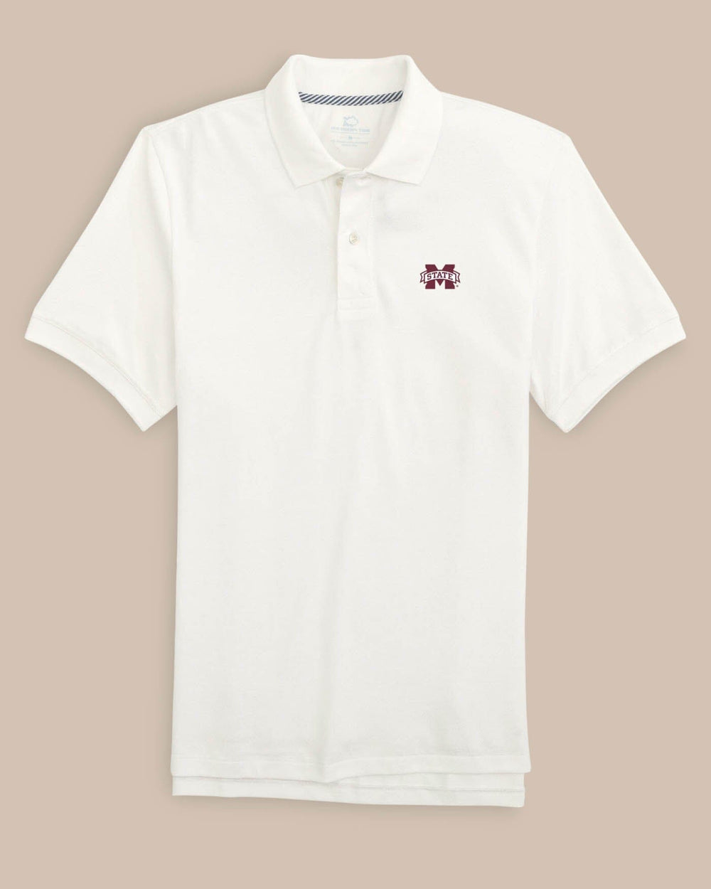 The front view of the Mississippi State Bulldogs Skipjack Polo by Southern Tide - Classic White