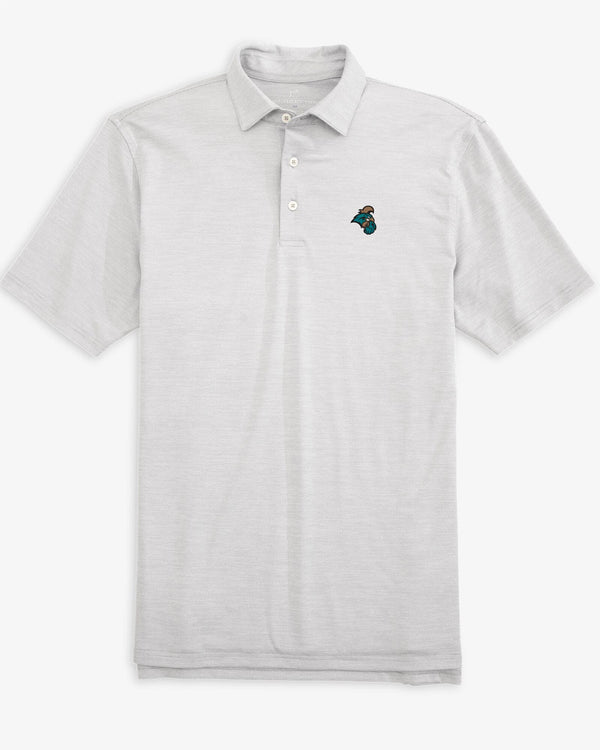 The front view of the Coastal Carolina Chanticleers Driver Spacedye Polo Shirt by Southern Tide - Slate Grey
