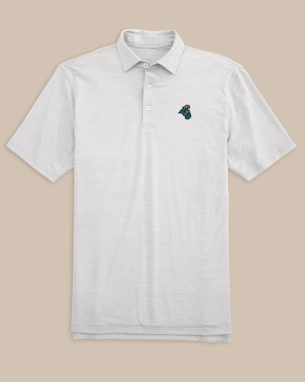 The front view of the Coastal Carolina Chanticleers Driver Spacedye Polo Shirt by Southern Tide - Slate Grey
