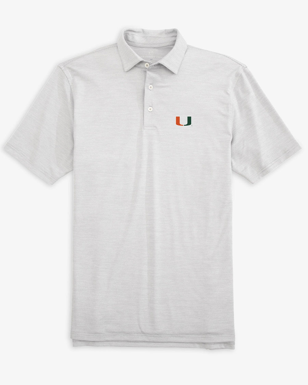 The front of the Men's Miami Hurricanes Driver Spacedye Polo Shirt by Southern Tide - Slate Grey