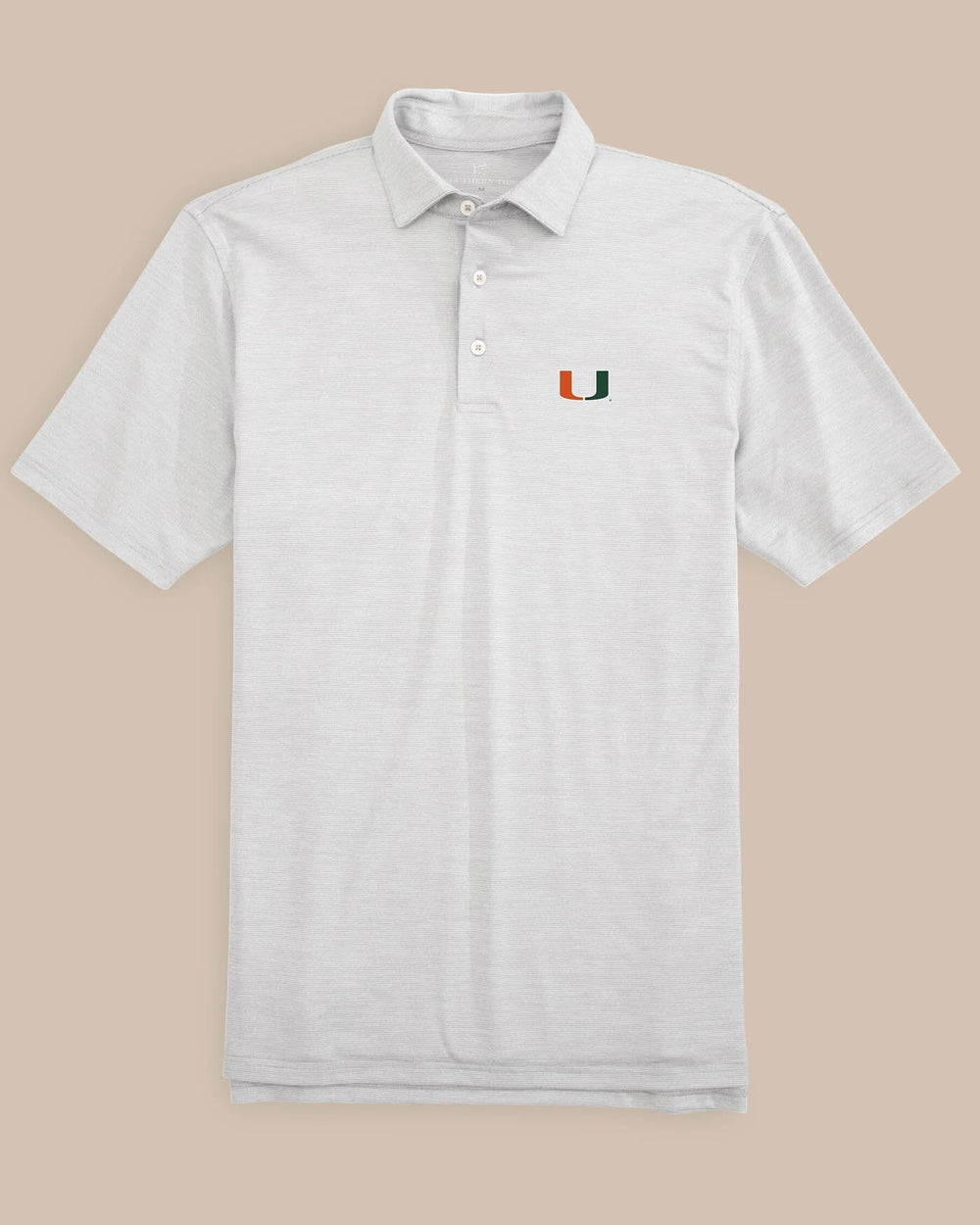 The front of the Men's Miami Hurricanes Driver Spacedye Polo Shirt by Southern Tide - Slate Grey