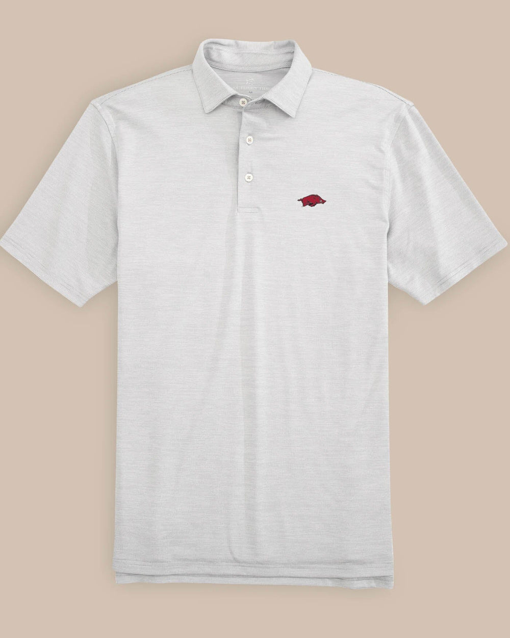 The front of the Arkansas Razorbacks Driver Spacedye Polo Shirt by Southern Tide - Slate Grey