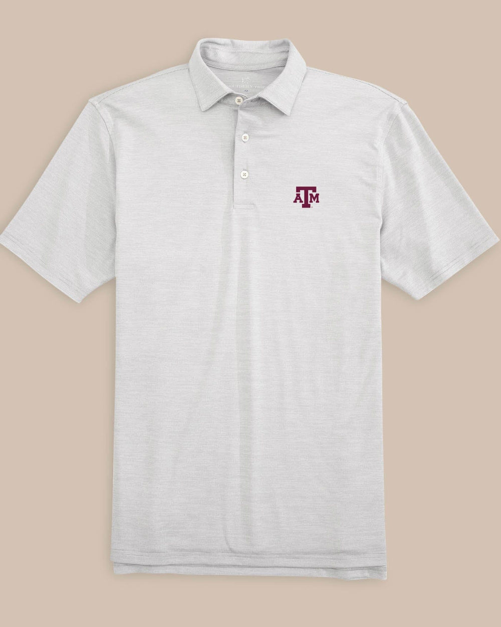 The front view of the Texas A&M Aggies Driver Spacedye Polo Shirt by Southern Tide - Slate Grey