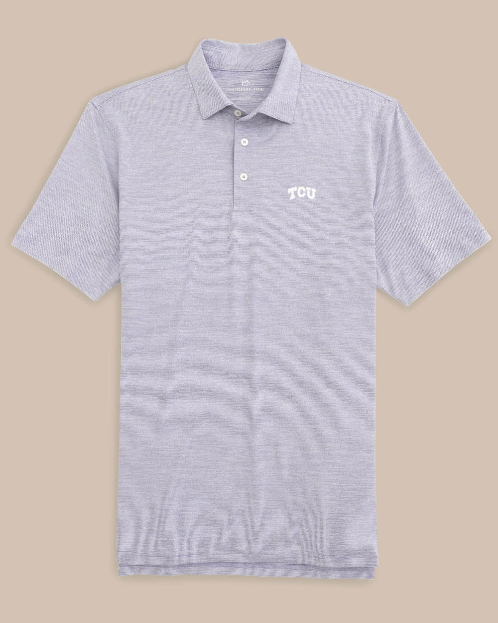 The front view of the TCU Horned Frogs Driver Spacedye Polo Shirt by Southern Tide - Regal Purple