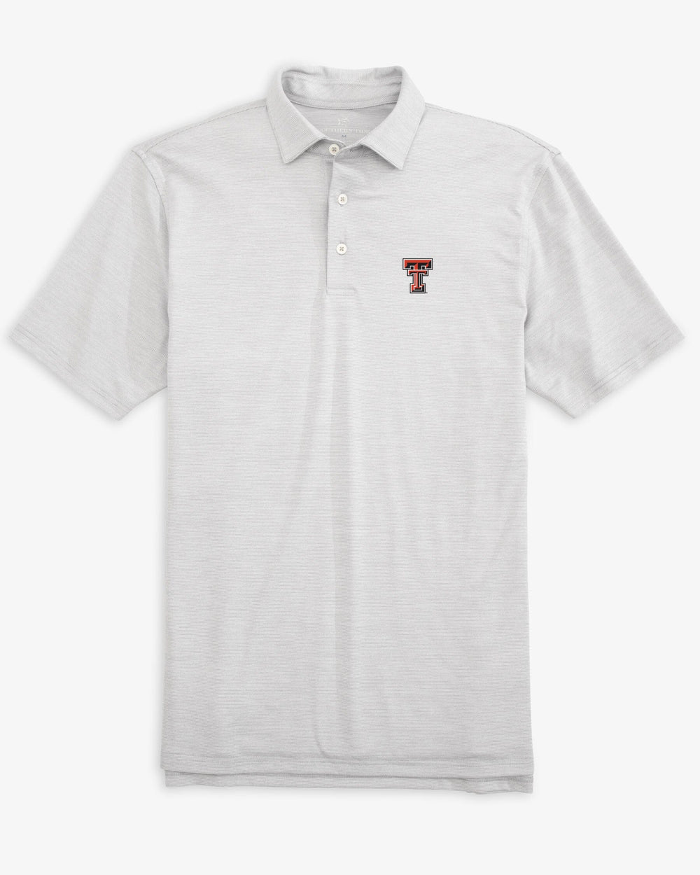 The front view of the Texas Tech Driver Spacedye Polo Shirt by Southern Tide - Slate Grey