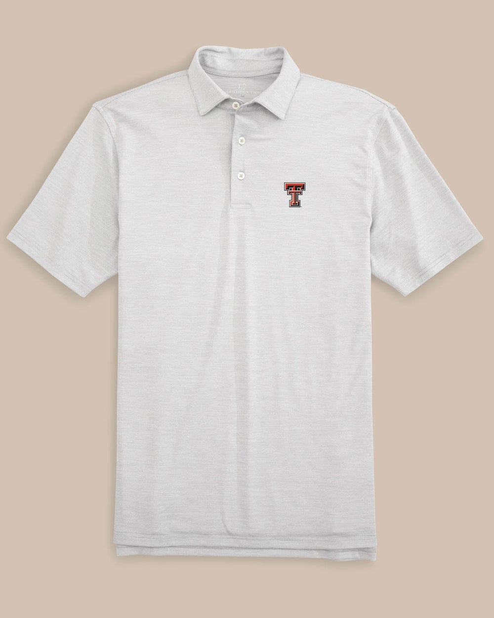 The front view of the Texas Tech Driver Spacedye Polo Shirt by Southern Tide - Slate Grey