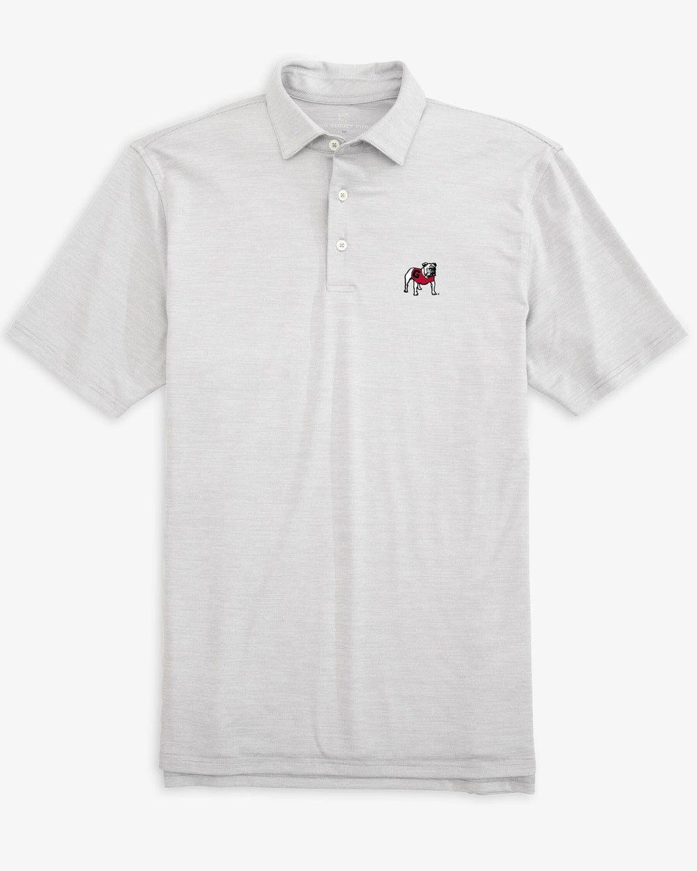 The front view of the Georgia Bulldogs Driver Spacedye Polo Shirt by Southern Tide - Slate Grey