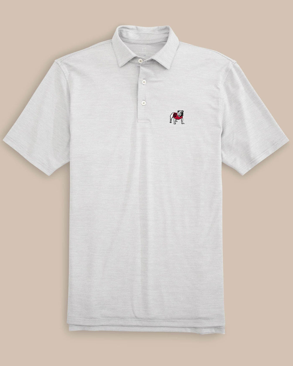 The front view of the Georgia Bulldogs Driver Spacedye Polo Shirt by Southern Tide - Slate Grey