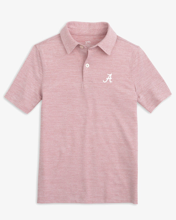The front view of the Alabama Crimson Tide Boys Driver Spacedye Performance Polo Shirt by Southern Tide - Crimson