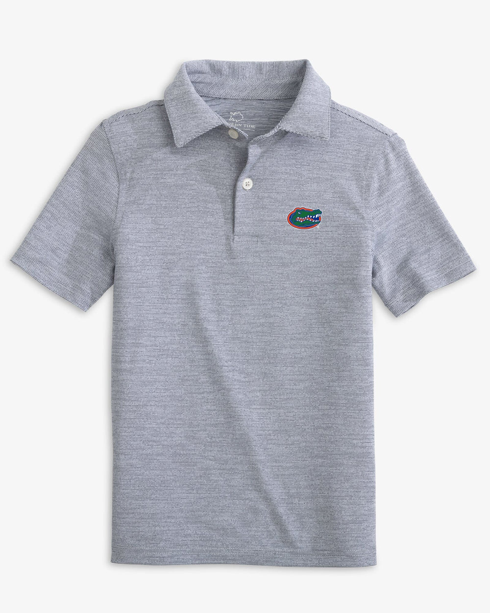 The front view of the Florida Gators Boys Driver Spacedye Performance Polo Shirt by Southern Tide - Navy
