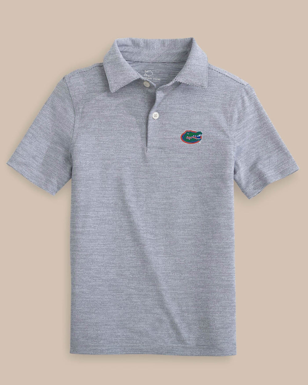 The front view of the Florida Gators Boys Driver Spacedye Performance Polo Shirt by Southern Tide - Navy