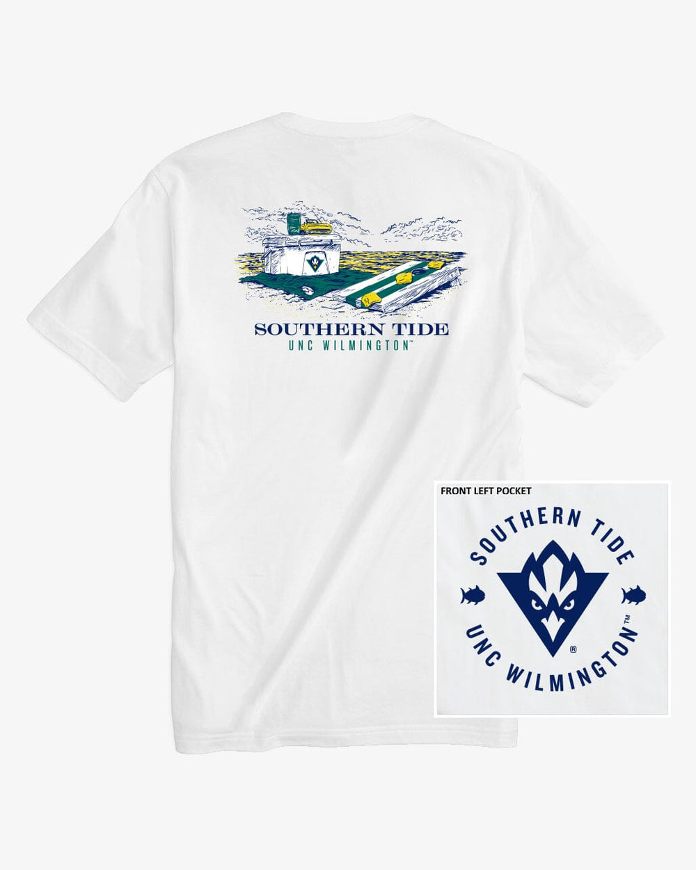 The front view of the North Carolina Wilmington Beach Cornhole T-Shirt by Southern Tide - Classic White