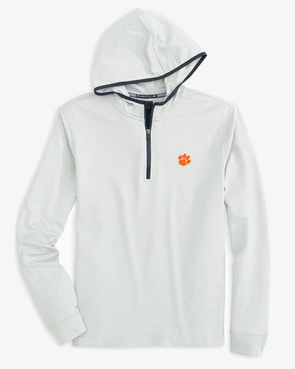 The front view of the Clemson Tigers Scuttle Heather Performance Quarter Zip Hoodie by Southern Tide - Heather Slate Grey