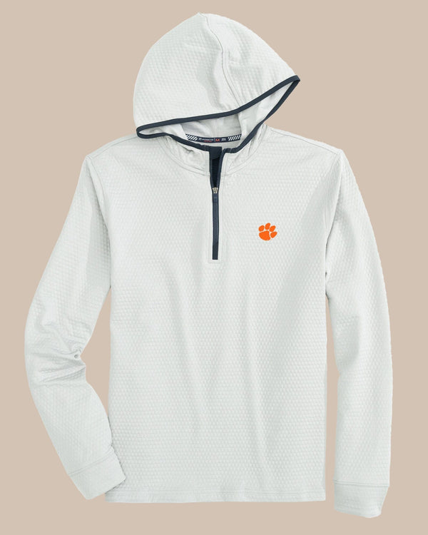 The front view of the Clemson Tigers Scuttle Heather Performance Quarter Zip Hoodie by Southern Tide - Heather Slate Grey