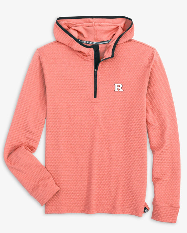 The front view of the Rutgers University Scuttle Heather Quarter Zip Hoodie by Southern Tide - Heather Rouge Red