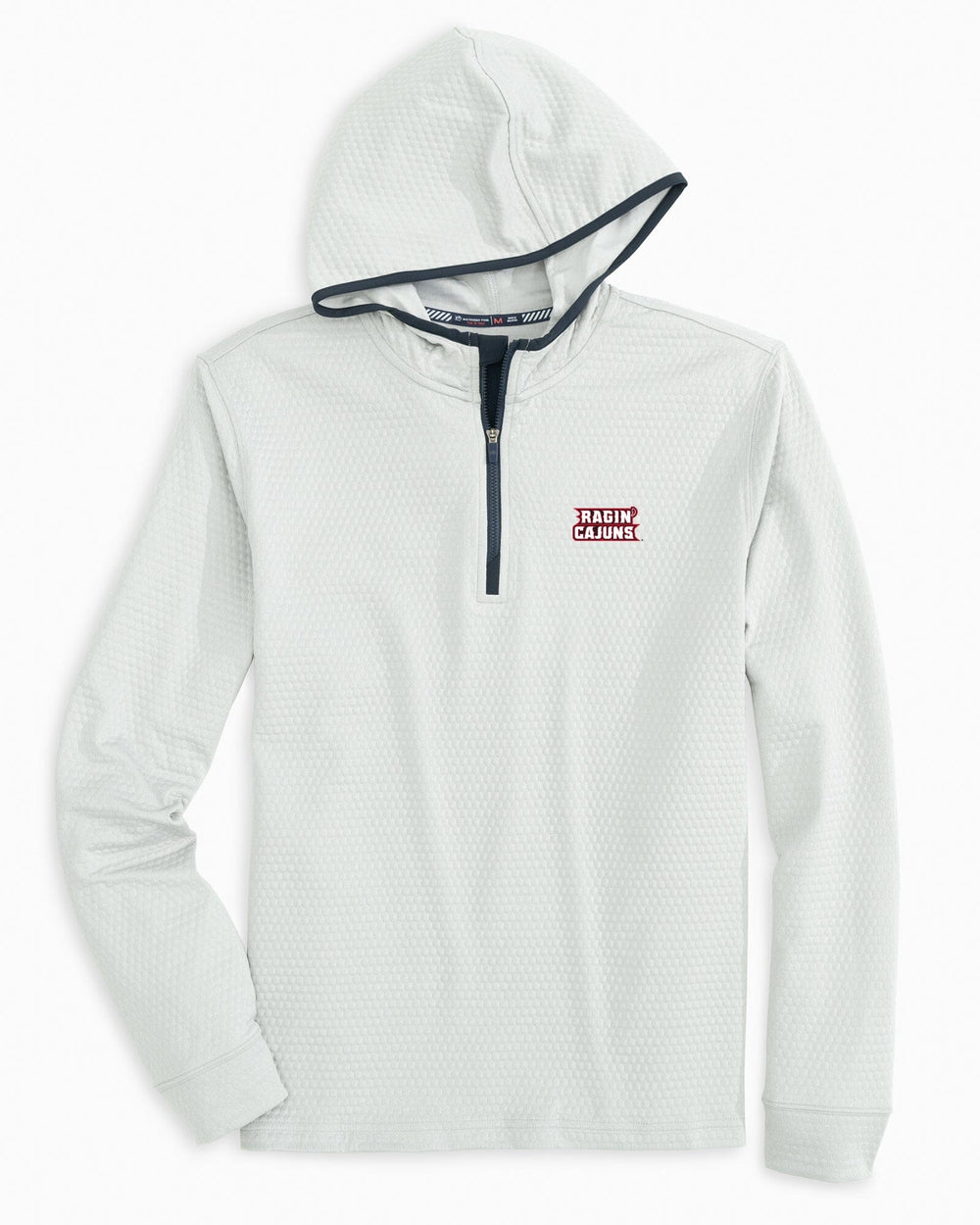 The front view of the University of Louisiana-Lafayette Scuttle Heather Quarter Zip Hoodie by Southern Tide - Heather Seagull Grey