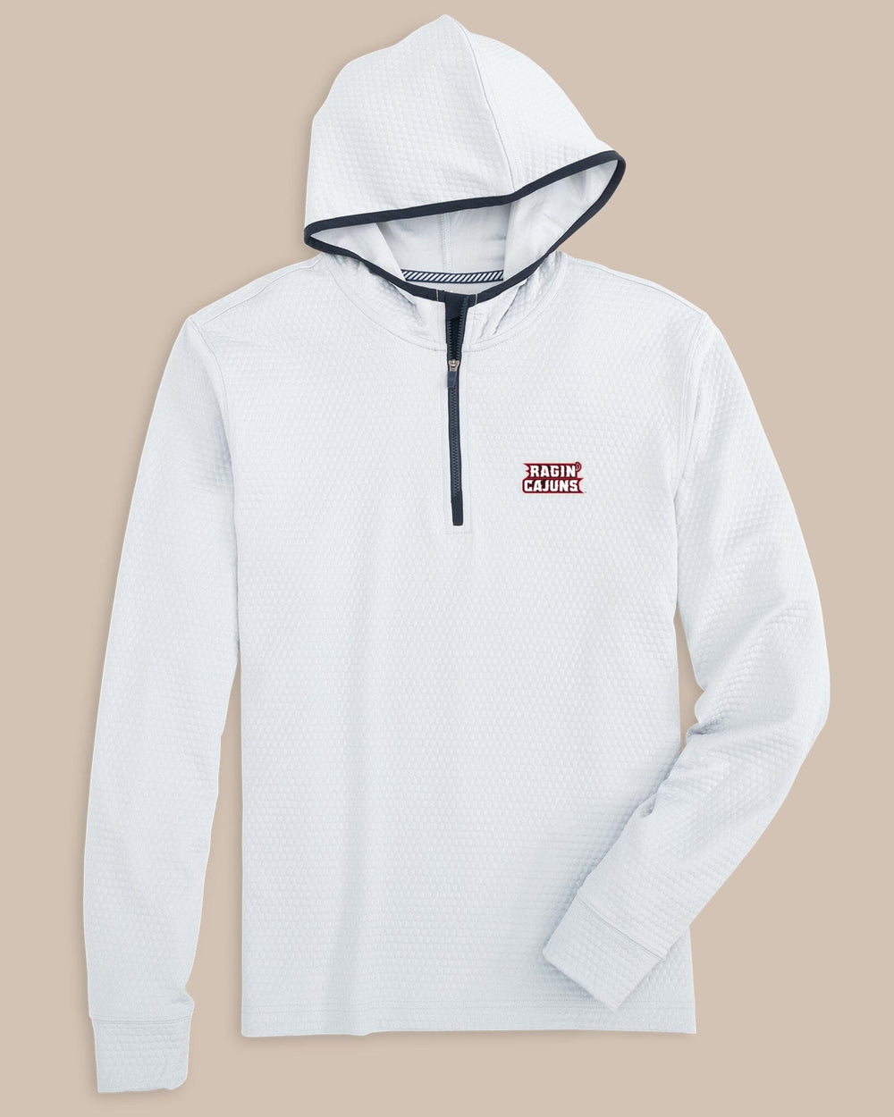 The front view of the University of Louisiana-Lafayette Scuttle Heather Quarter Zip Hoodie by Southern Tide - Heather Seagull Grey