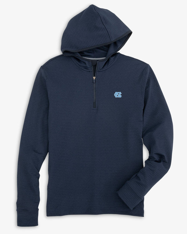 The front view of the North Carolina Tar Heels Scuttle Heather Performance Quarter Zip Hoodie by Southern Tide - Heather True Navy