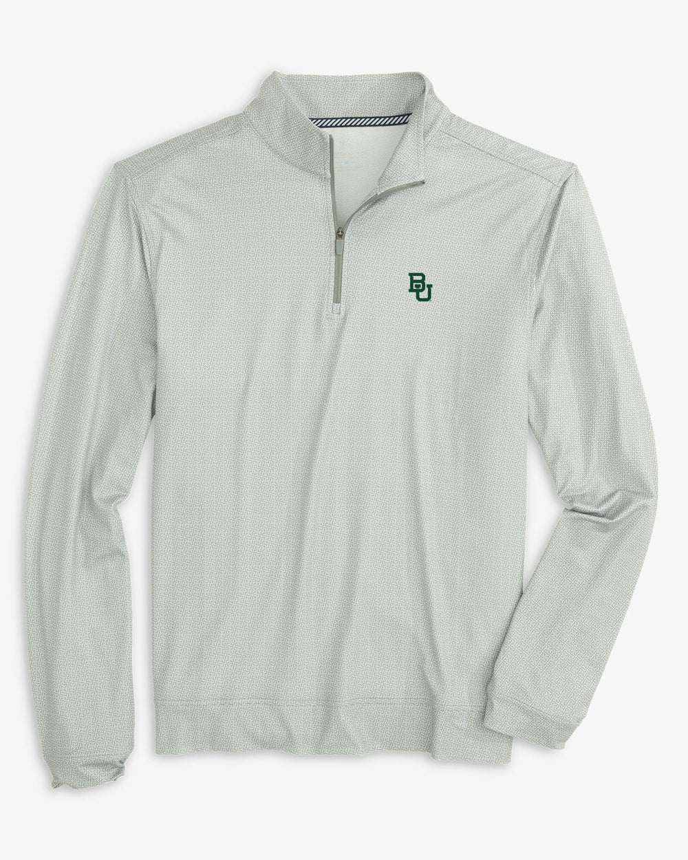 The front view of the Baylor Bears Pine Ridge Print Cruiser Quarter Zip Pullover by Southern Tide - Steel Grey