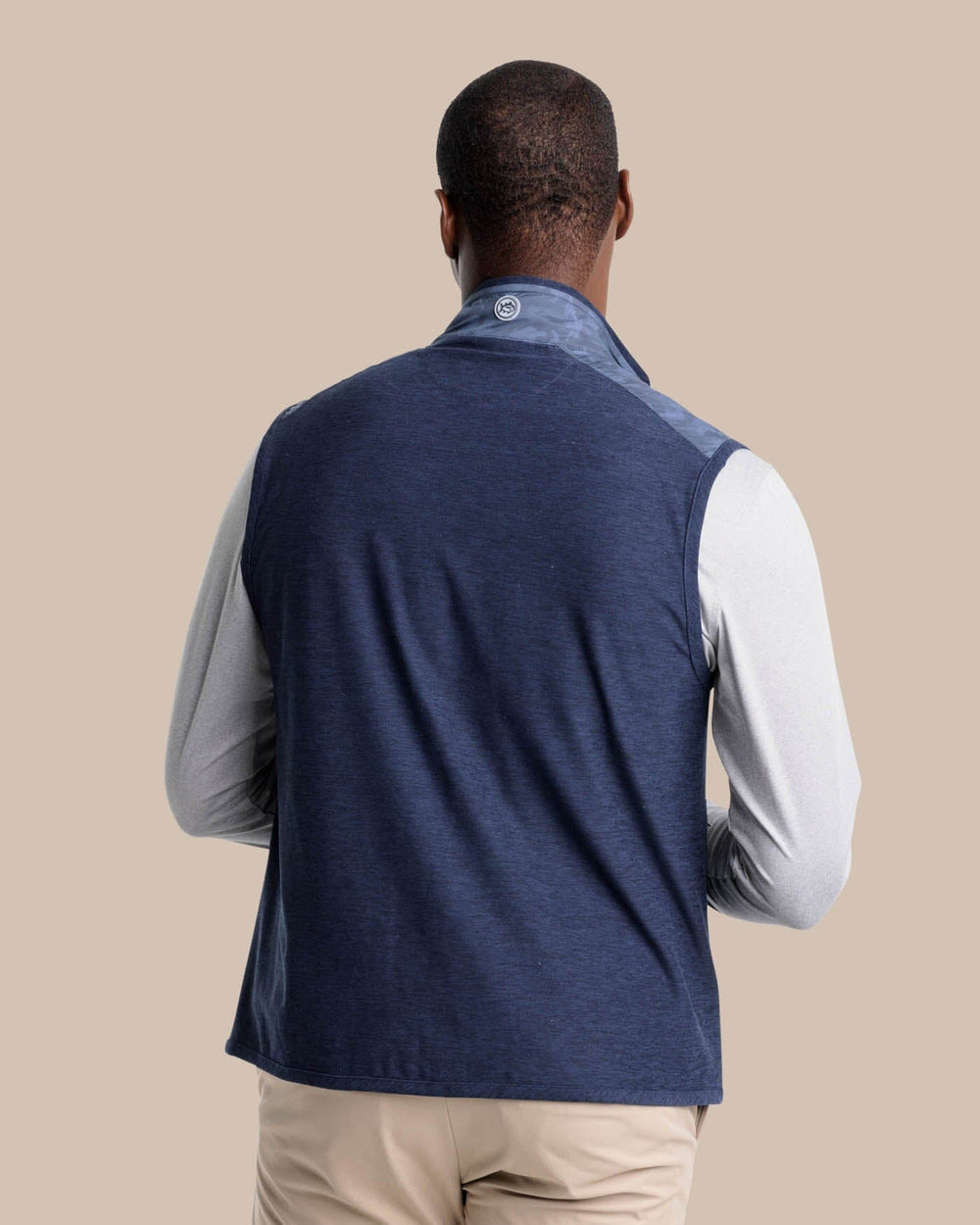 The back view of the Abercorn Camo Performance Vest by Southern Tide - True Navy