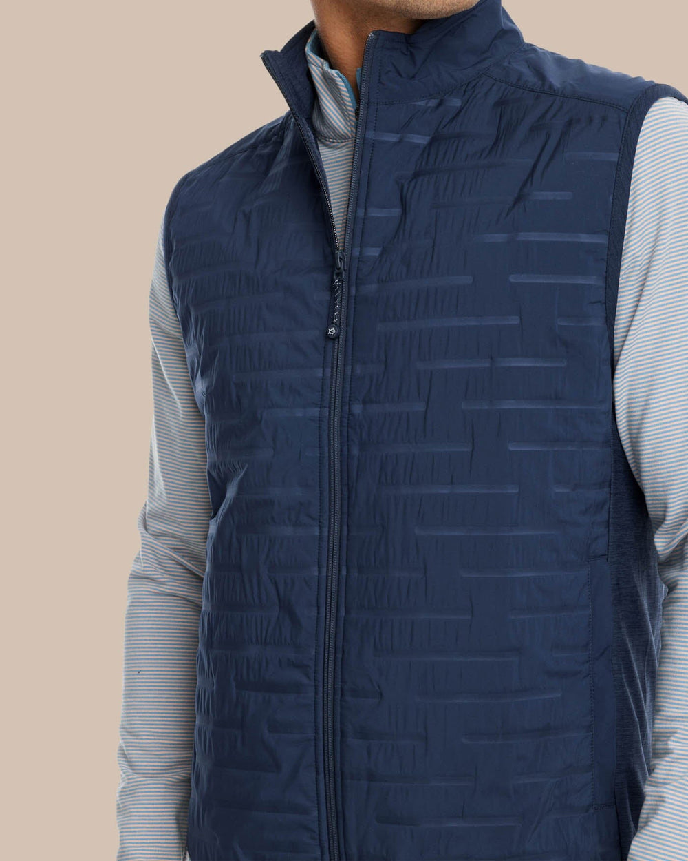 The model detail view of the Men's Abercorn Performance Vest by Southern Tide - True Navy