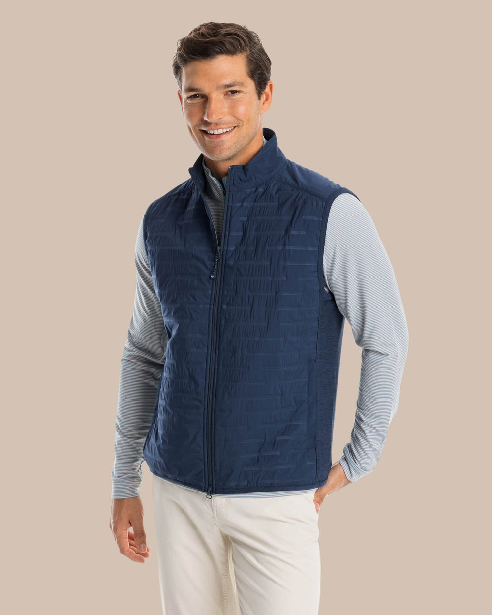 The model front view of the Men's Abercorn Performance Vest by Southern Tide - True Navy
