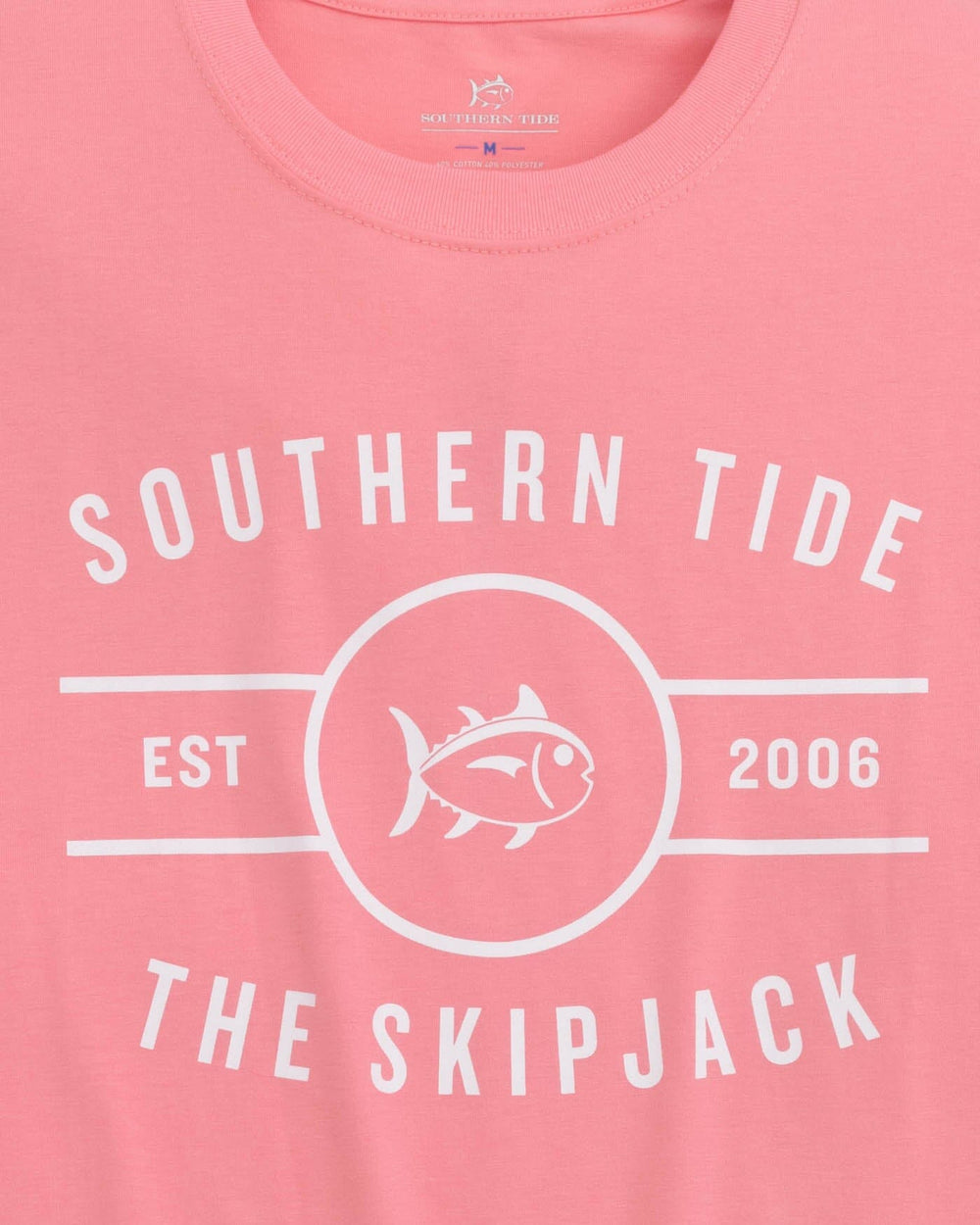 The detail view of the Southern Tide Across the Chest Skipjack Short Sleeve T-Shirt by Southern Tide - Geranium Pink