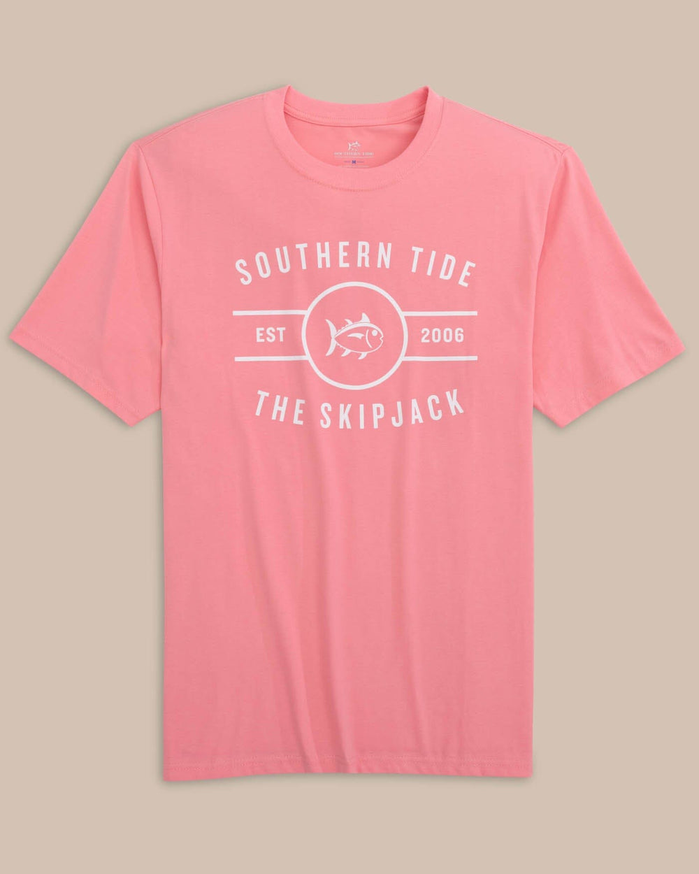 The front view of the Southern Tide Across the Chest Skipjack Short Sleeve T-Shirt by Southern Tide - Geranium Pink