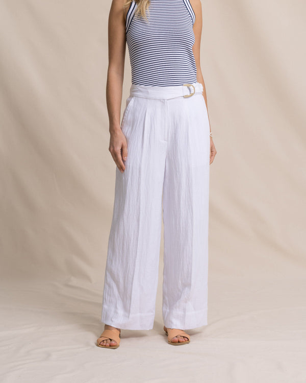 The front view of the Southern Tide Addilyn Belted Wide Leg Pants by Southern Tide - Classic White