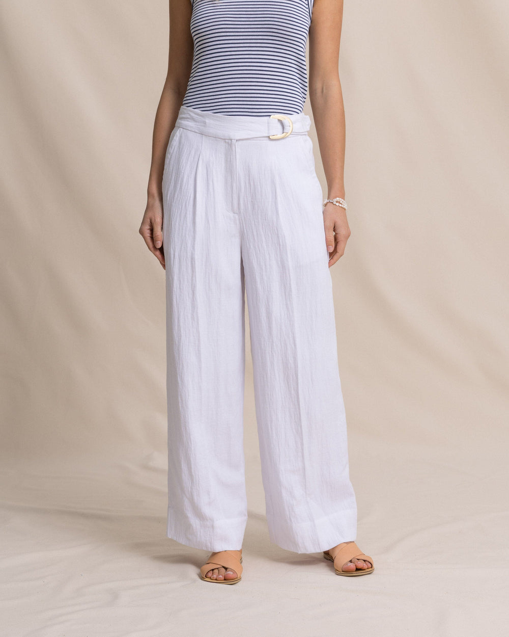 The front view of the Southern Tide Addilyn Belted Wide Leg Pants by Southern Tide - Classic White