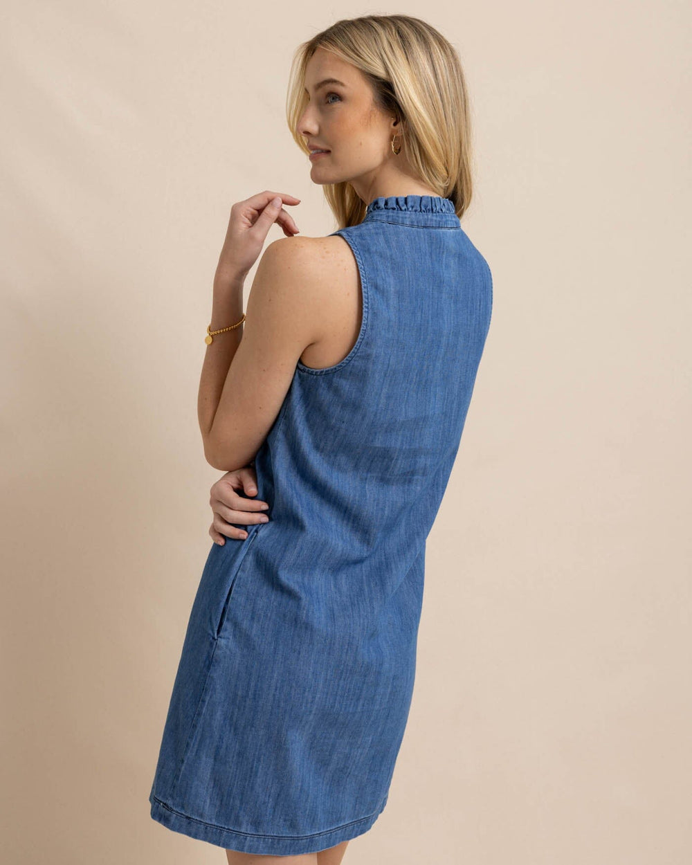 The back view of the Southern Tide Adelyn Denim Dress by Southern Tide - Medium Wash Indigo