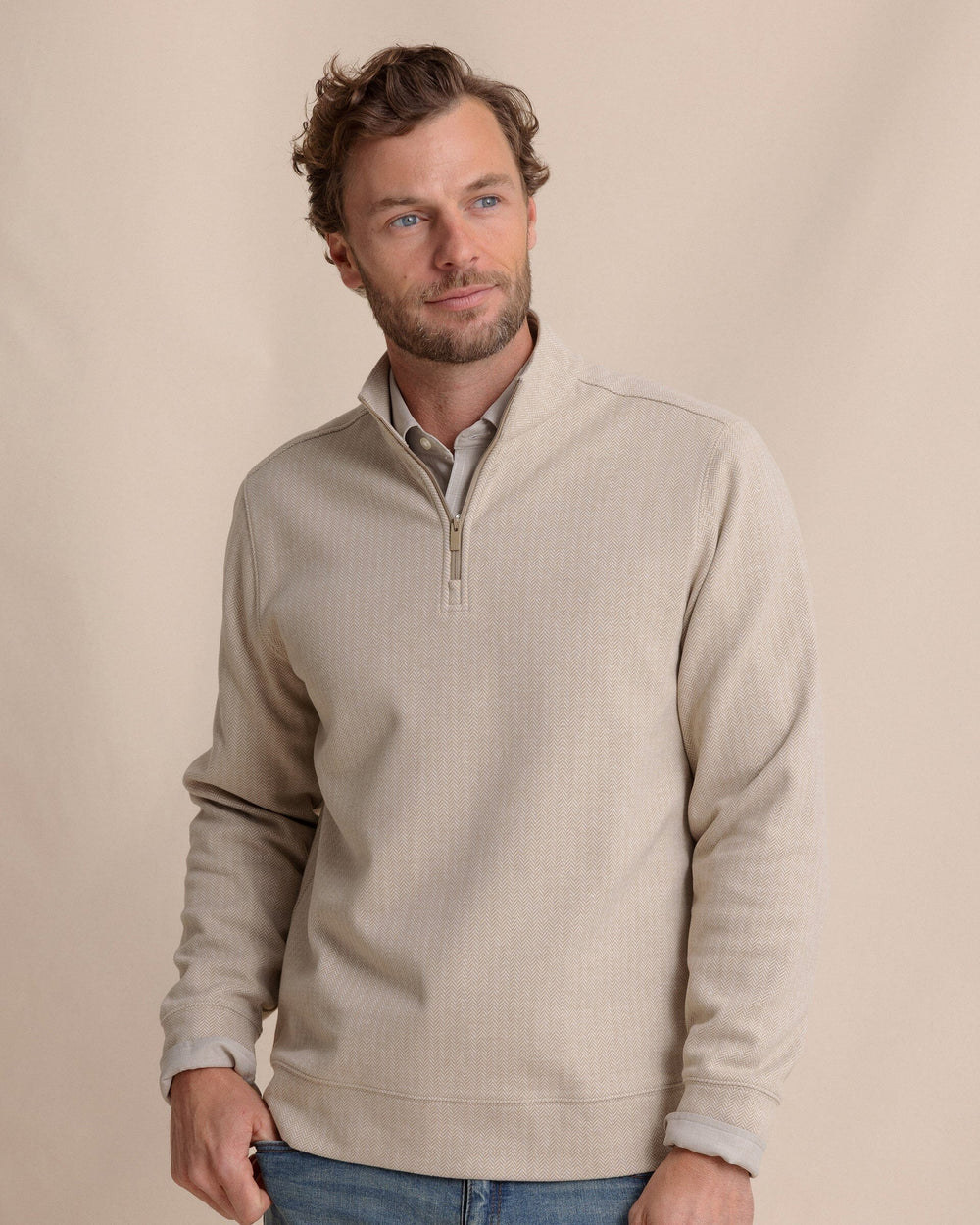 The front view of the Southern Tide Adler Lane Quarter Zip by Southern Tide - Sandstone Khaki