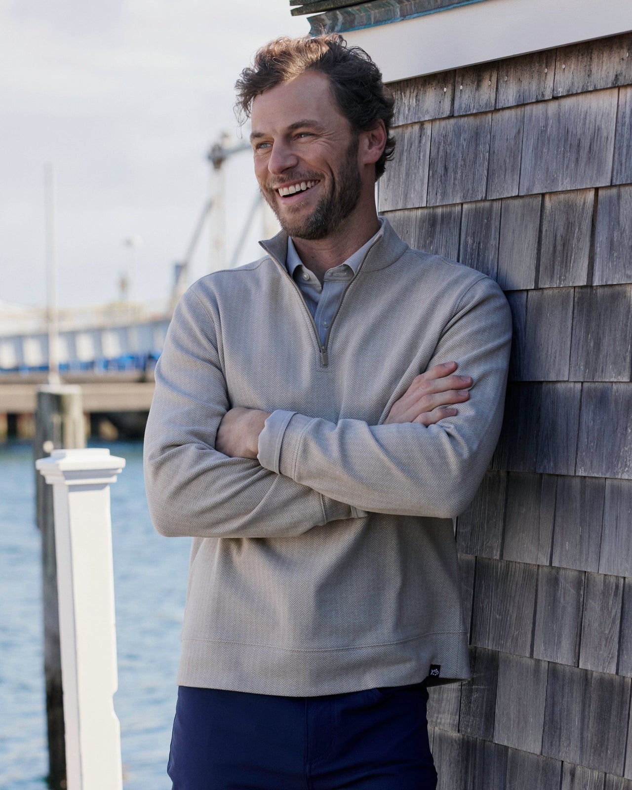 The lifestyle view of the Southern Tide Adler Lane Quarter Zip by Southern Tide - Sandstone Khaki