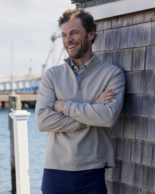 The lifestyle view of the Southern Tide Adler Lane Quarter Zip by Southern Tide - Sandstone Khaki