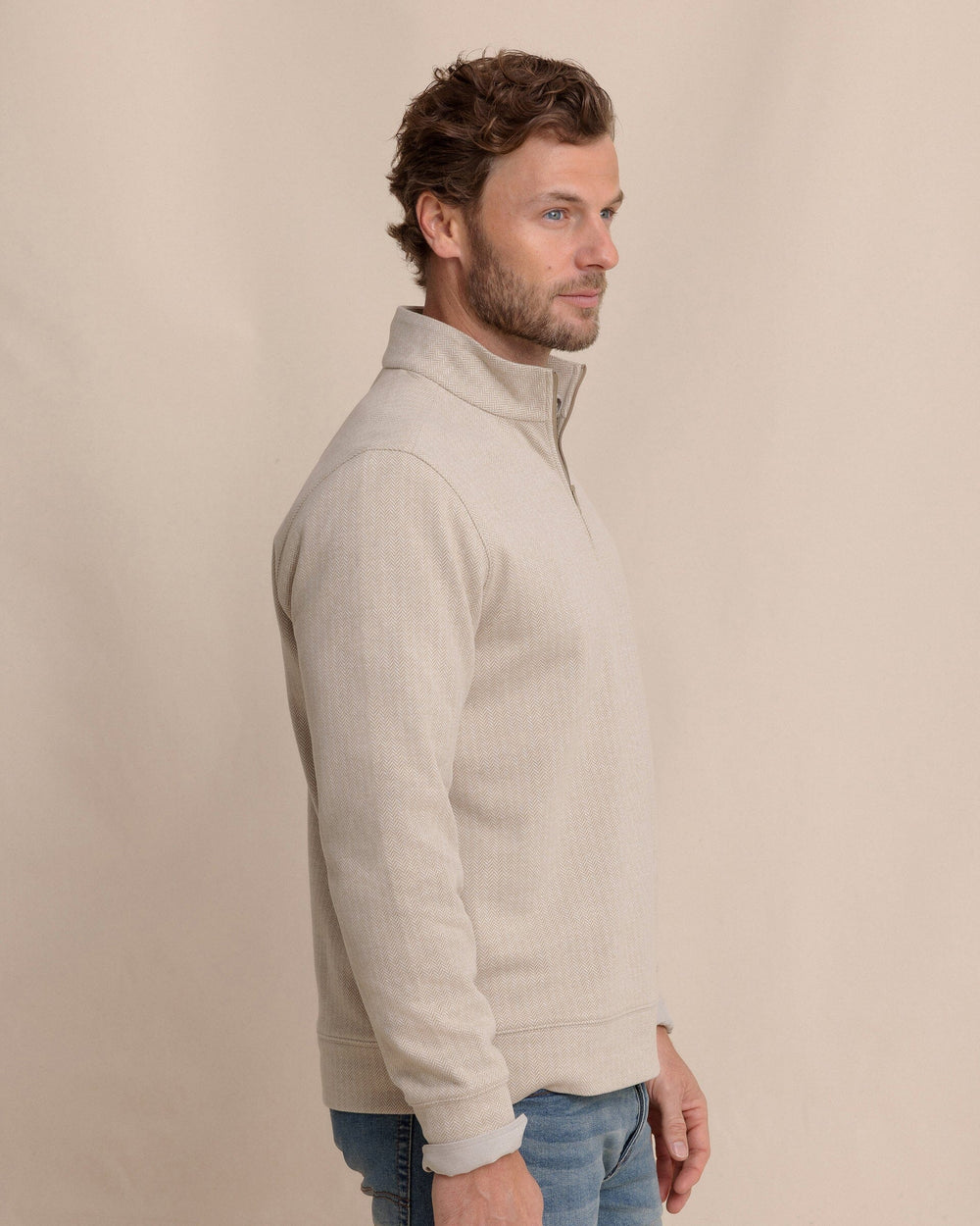 The side view of the Southern Tide Adler Lane Quarter Zip by Southern Tide - Sandstone Khaki