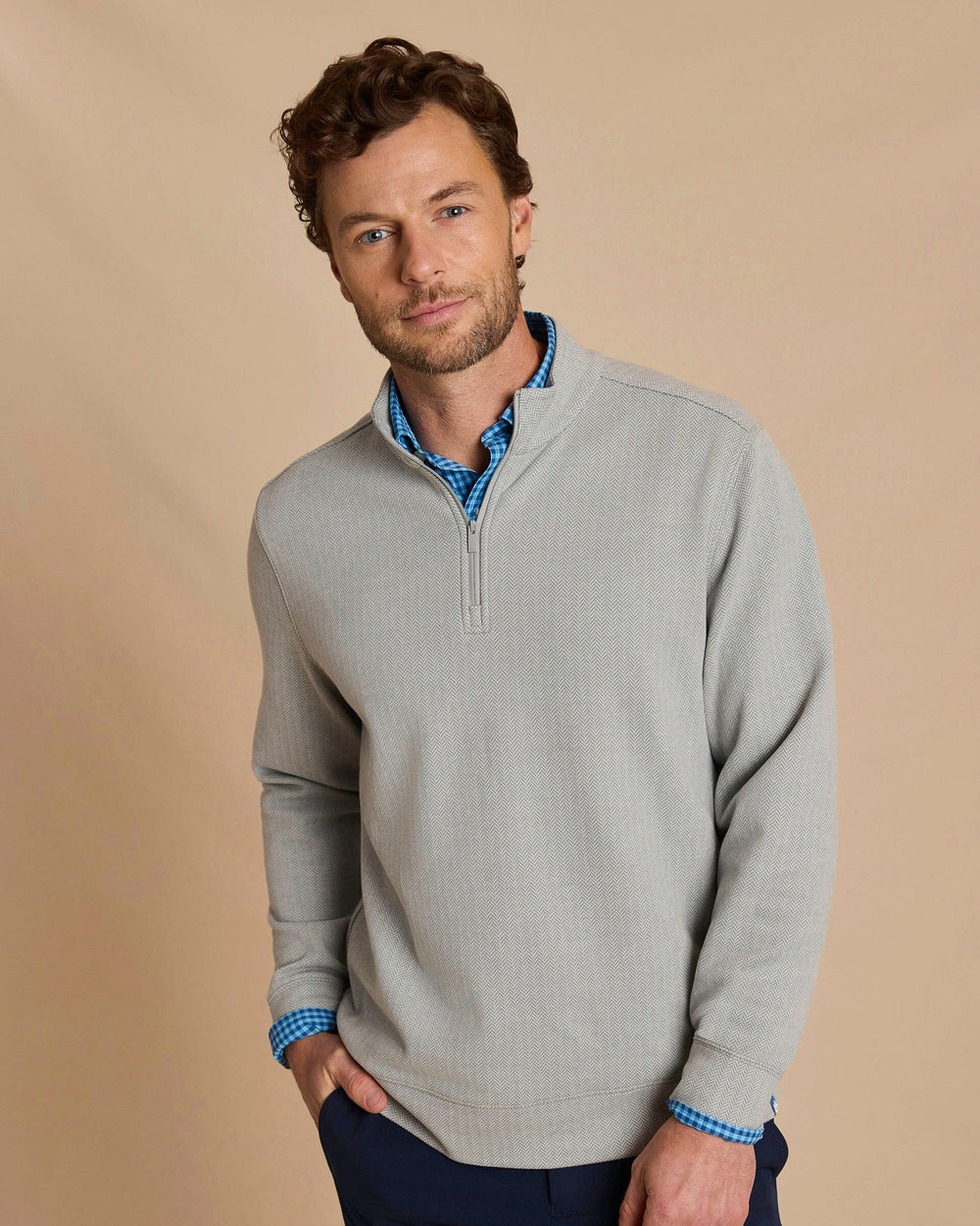 The front view of the Southern Tide Adler Lane Quarter Zip by Southern Tide - Steel Grey