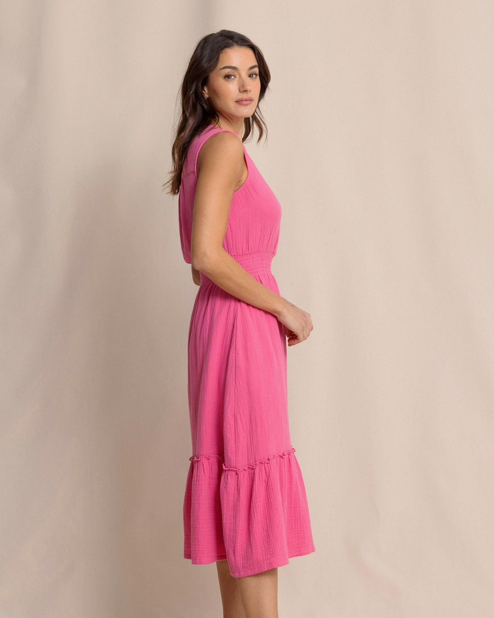 The side view of the Southern Tide Adley Midi Dress by Southern Tide - Very Berry