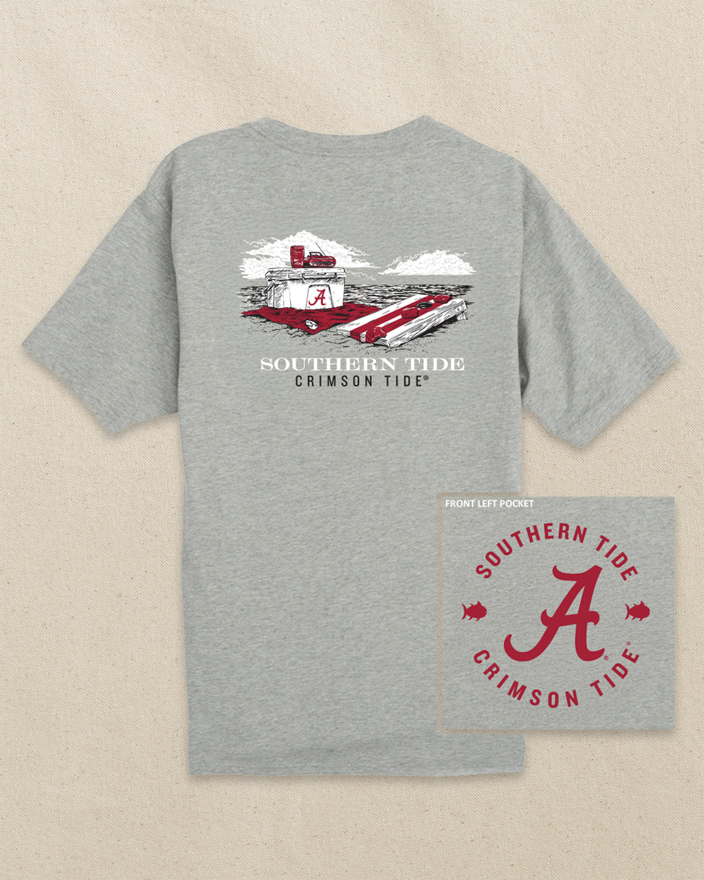 The back view of the Southern Tide Alabama Crimson Tide Beach Cornhole Heather T-Shirt by Southern Tide - Heather Grey